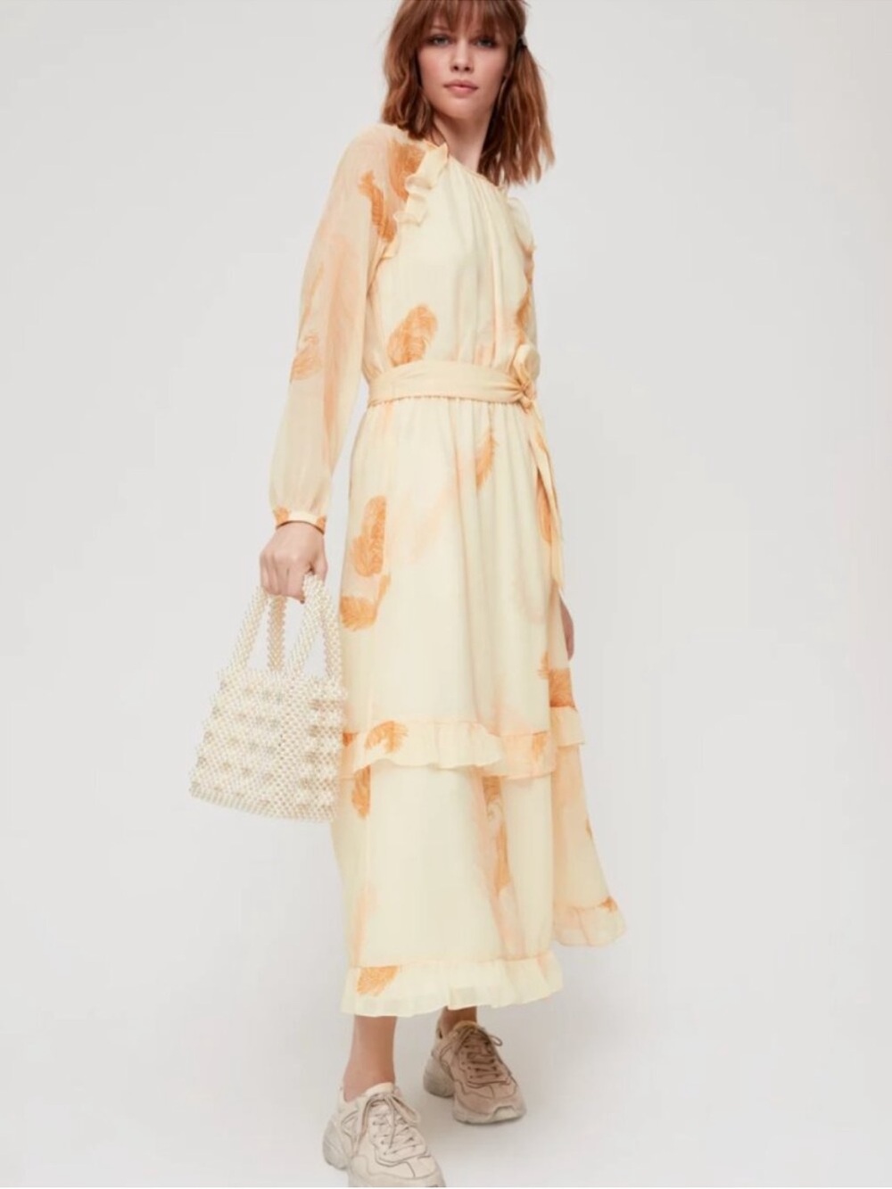 Little Moon Verbenna Ruffled Peasant Midi Dress Yellow Floral Chiffon NO BELT